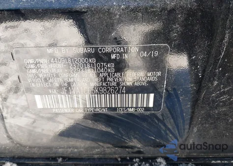 2019 Subaru Wrx Premium из США, поврежденный, VIN JF1VA1C65K9826274